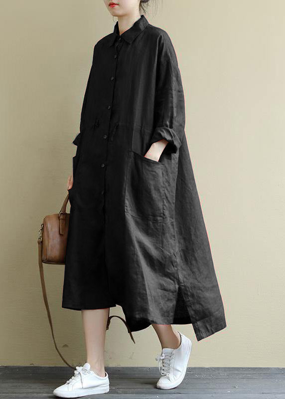 Black Bamboo Linen Shirt Dress Oversize Spring Maxi Dresses