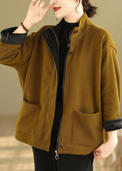 Yellow Zip Up Pockets Patchwork Warm Fleece Coat Fall