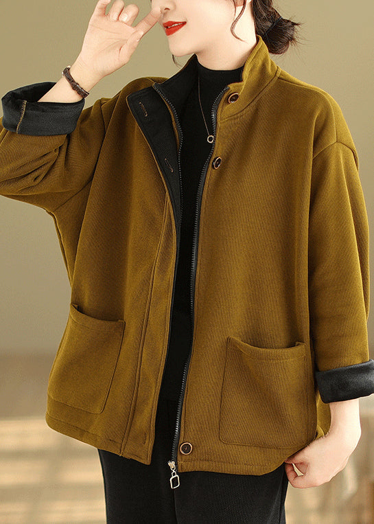 Yellow Zip Up Pockets Patchwork Warm Fleece Coat Fall