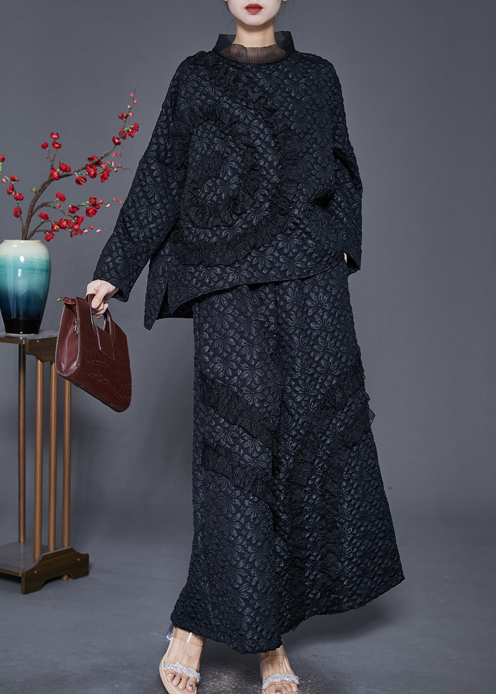 Diy Black Ruffled Patchwork Warm Fleece Two Pieces Set Winter