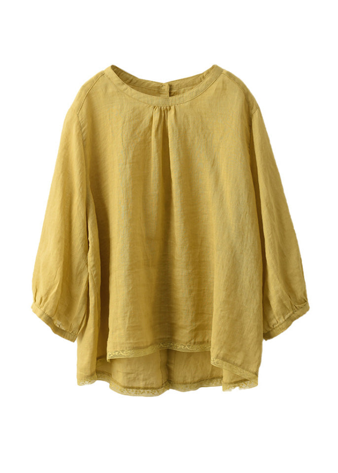 Yellow O Neck Patchwork Linen Blouse Top Summer