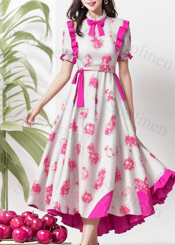 Beige Stand Collar Bow Ruffled Print Tie Waist Silk Long Dresses Summer