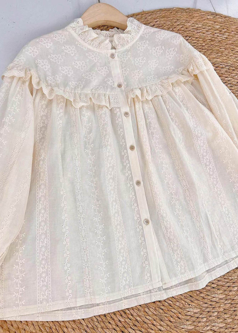 Beige Embroidered Hollow Out Cotton Blouse Spring