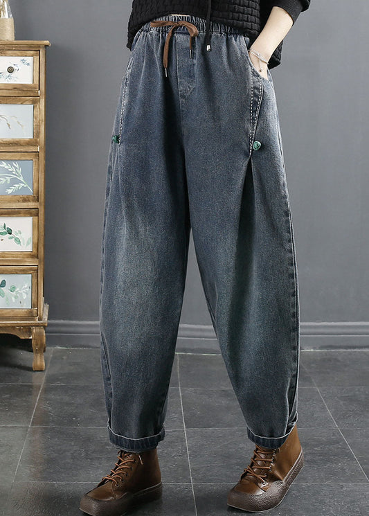 Blue Pockets Patchwork Elastic Waist Cotton Denim Harem Pants Fall