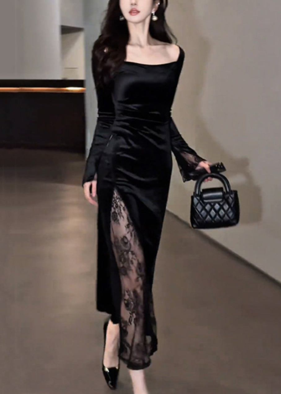 Slim Fit Black Square Collar Lace Patchwork Silk Velvet Long Dress Fall