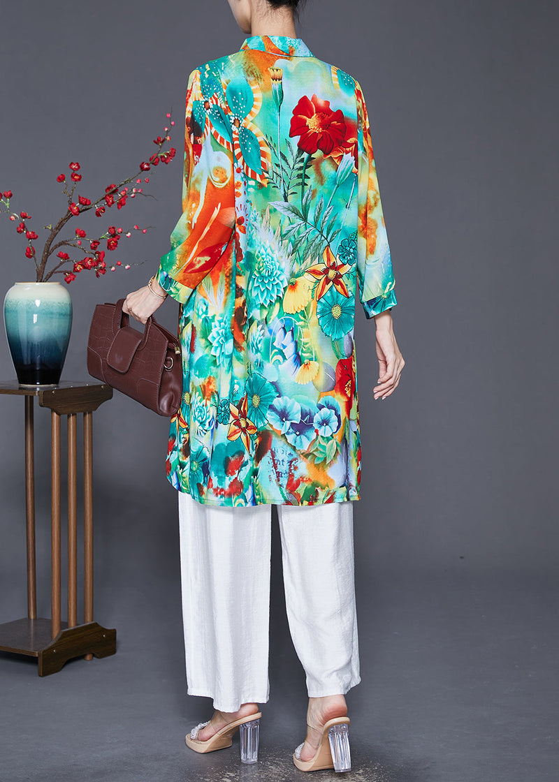 Green Asymmetrical Print Cotton Shirt Top Fall