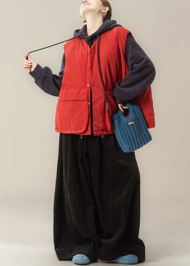 Red Pockets Drawstring Waistcoat and Black Wide Leg Pants Two-piece Set Sleeveless