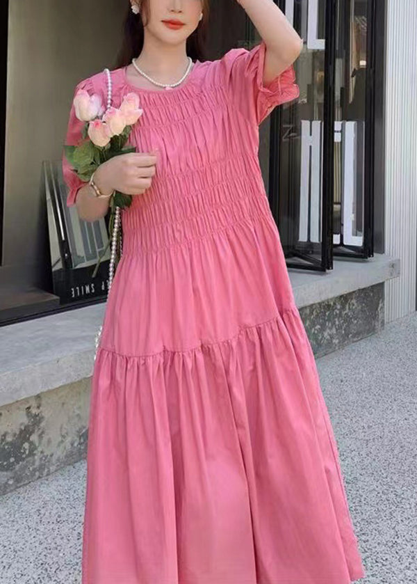 Pink O Neck Puff Sleeve Wrinkled Patchwork Cotton Long Dress