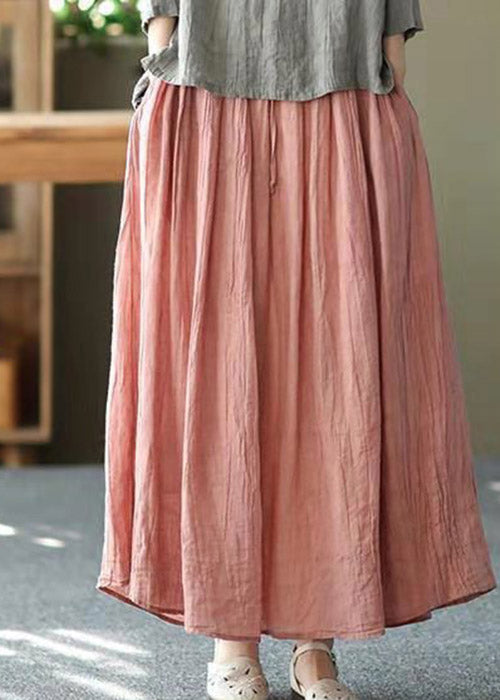 Pink Pockets Wrinkled Tie Waist Linen Skirt Summer
