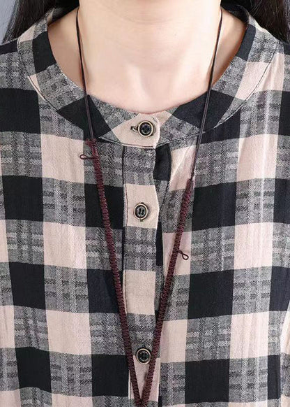 Black Plaid Stand Collar Patchwork Cotton Long Dresses Fall