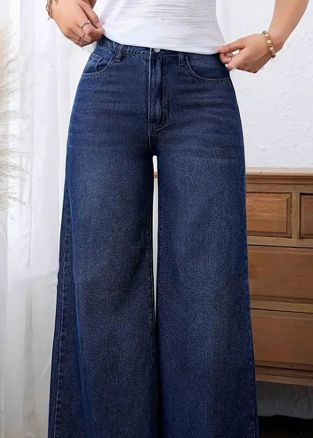 Dark Blue Pockets Patchwork Wide Leg Jeans Fall