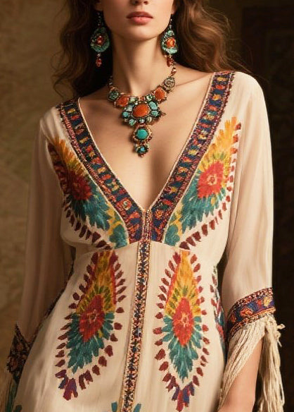 Beige Tasseled Print Chiffon Maxi Dresses Summer