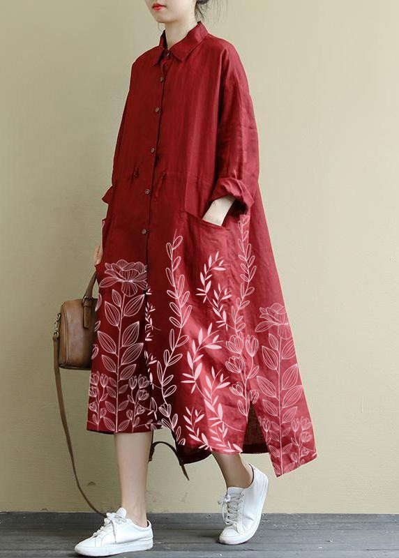 Green Flower Linen Shirt Dress Oversize Spring Maxi Dresses