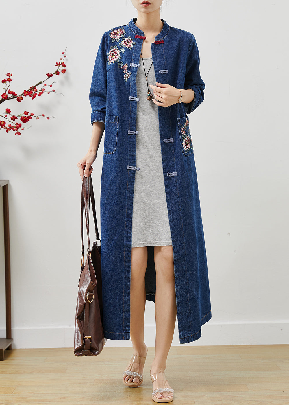 Art Blue Embroidered Chinese Button Denim Trench Fall