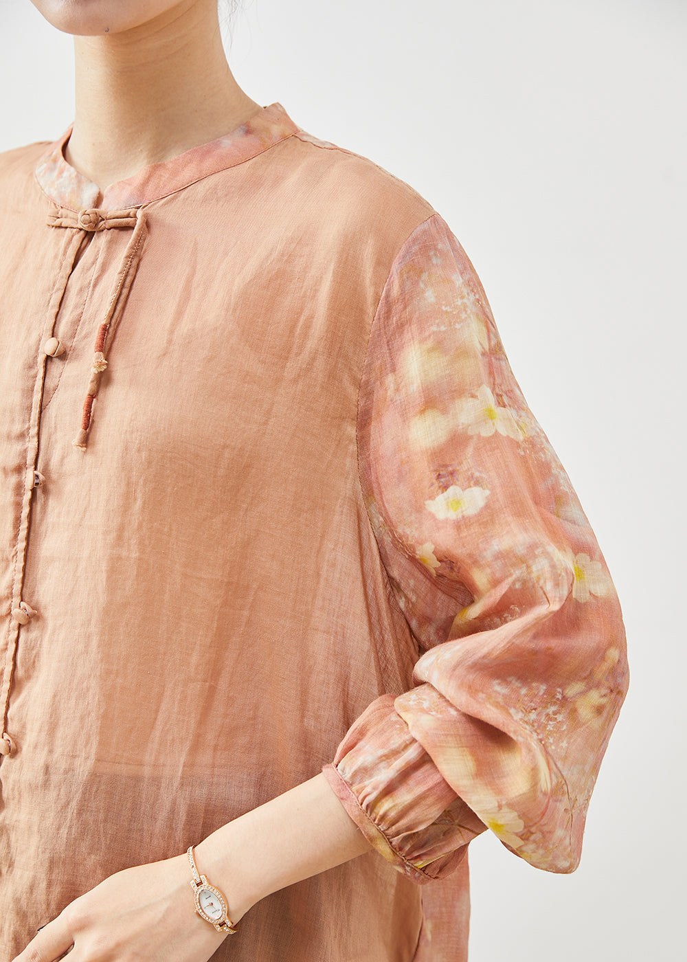 Orange Mandarin Collar Patchwork Cotton Shirt Summer