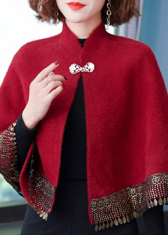 Wine Red Stand Collar Tasseled Button Patchwork Mink Velvet Coats Fall