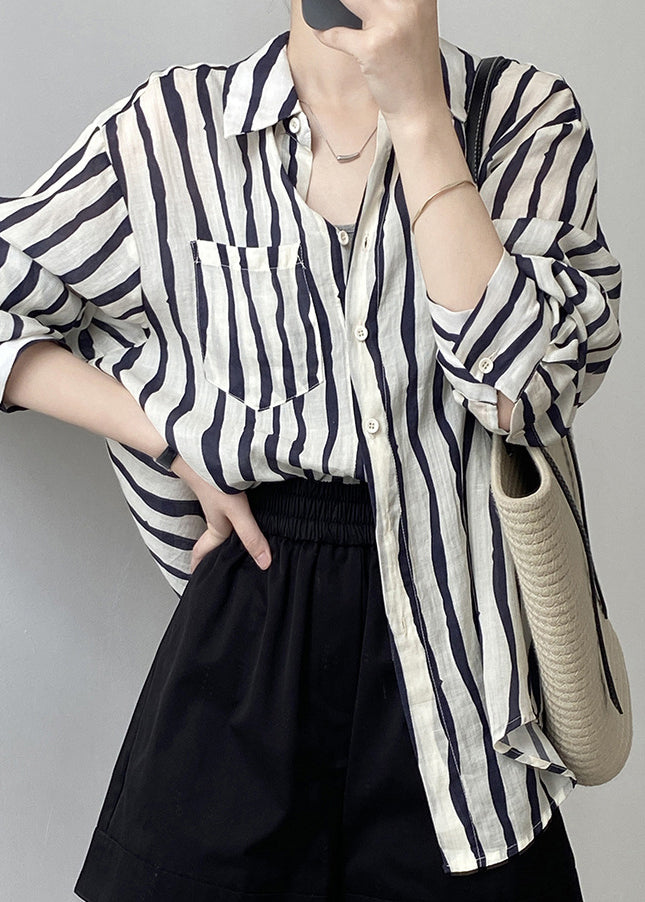 Pink Peter Pan Collar Striped Linen Shirt Tops Fall