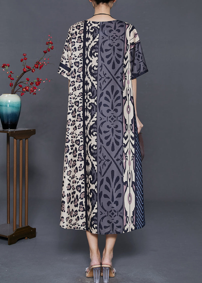 Khaki Oversized Leopard Print Silk Dress Summer