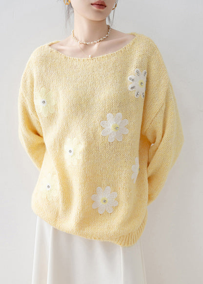 Fine Yellow Oversized Rhinestone Knit Sweaters Winter