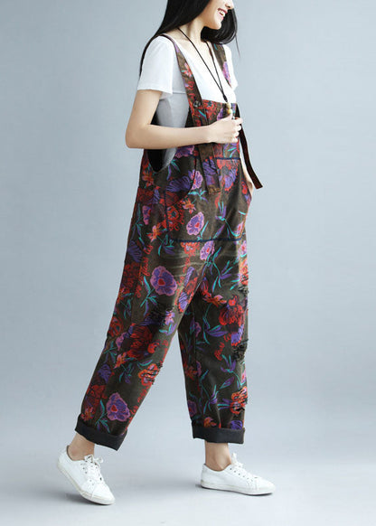 Black Oversized Butterfly Print Ripped Cotton Overalls Jumpsuit Spring