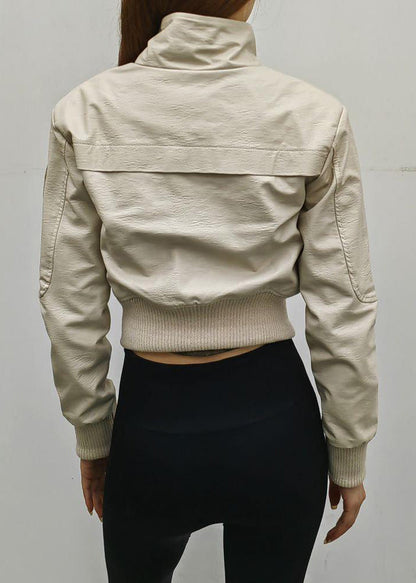 Black Zip Up Patchwork Faux Leather Coats Spring
