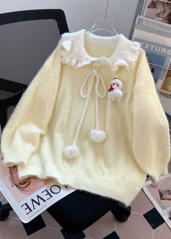 Light Yellow Ruffled Warm Knit Sweater Tops Winter