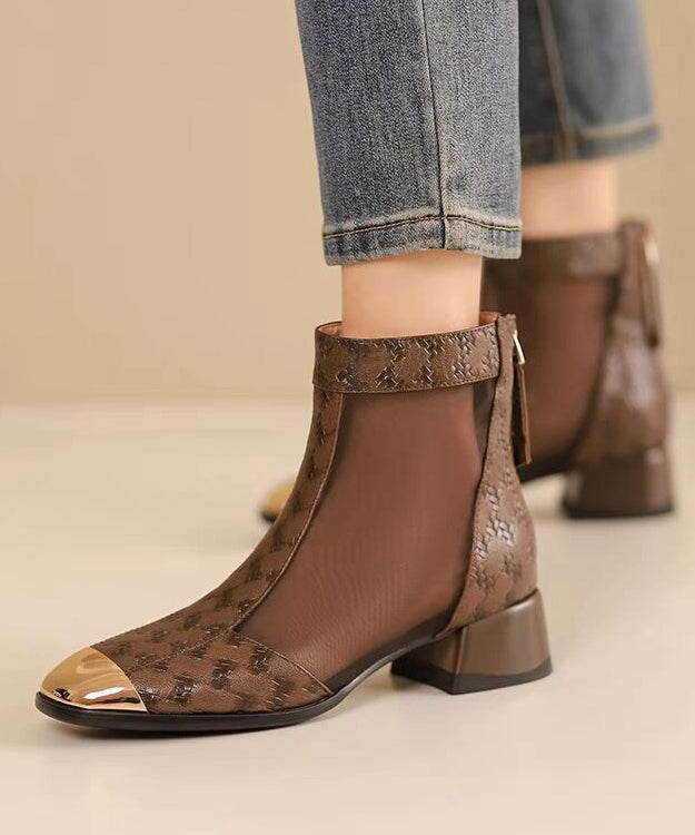 New Summer Coffee Tulle Splicing Chunky Heel Sandals Boots