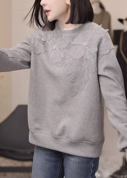 Grey Nail Bead Loose Cotton Sweatshirt Fall
