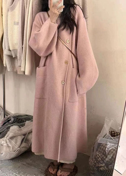 Pink Turtleneck Button Pockets Cotton Knit Long Coats Long Sleeve