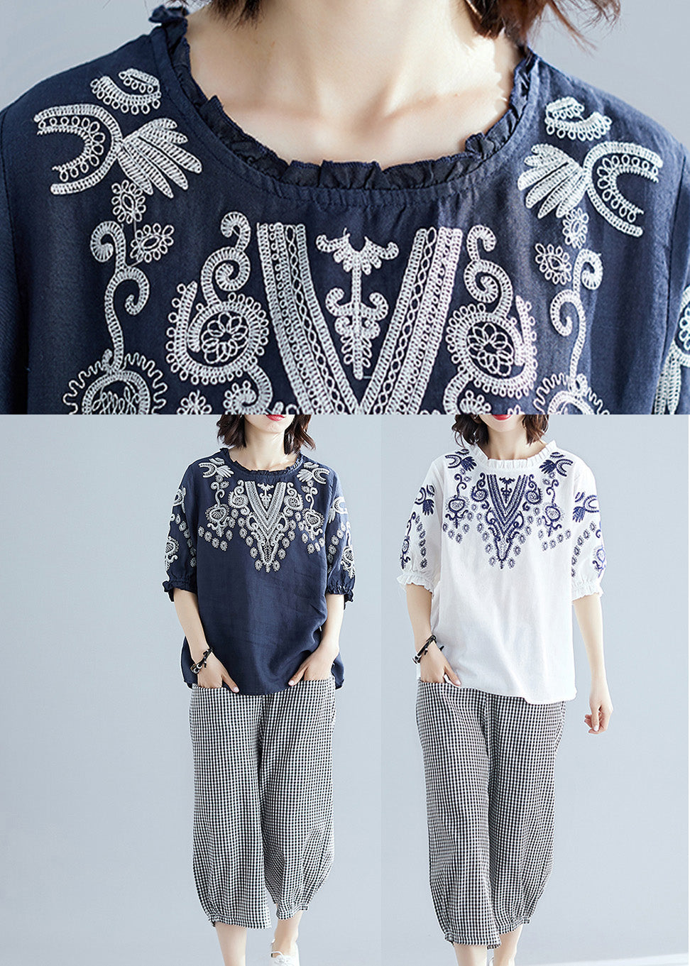 Navy Blue Embroideried Top and Harem Pants Two Pieces Set Short Sleeve