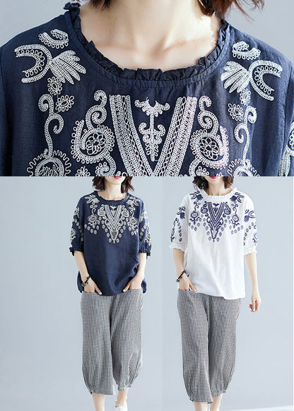Navy Blue Embroideried Top and Harem Pants Two Pieces Set Short Sleeve