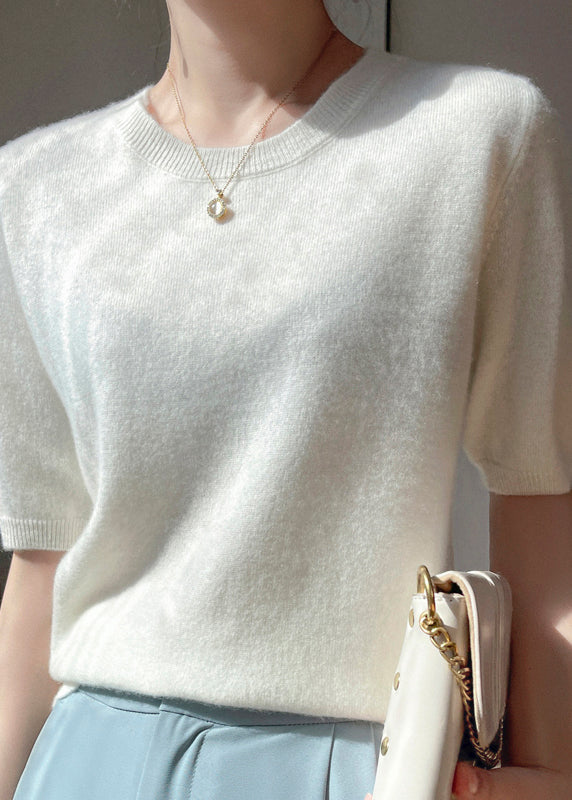 Apricot O Neck Cashmere Sweater Tops Half Sleeve
