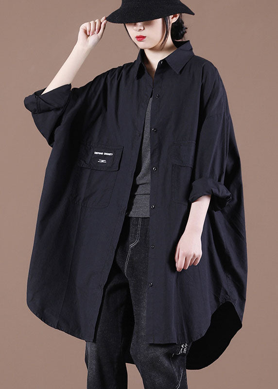 Handmade Black Loose Button Asymmetrical Design Fall Top Long Sleeve
