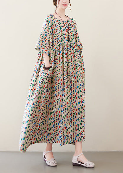Art Light Khaki O-neck Dot Print Pockets Long Dresses Summer