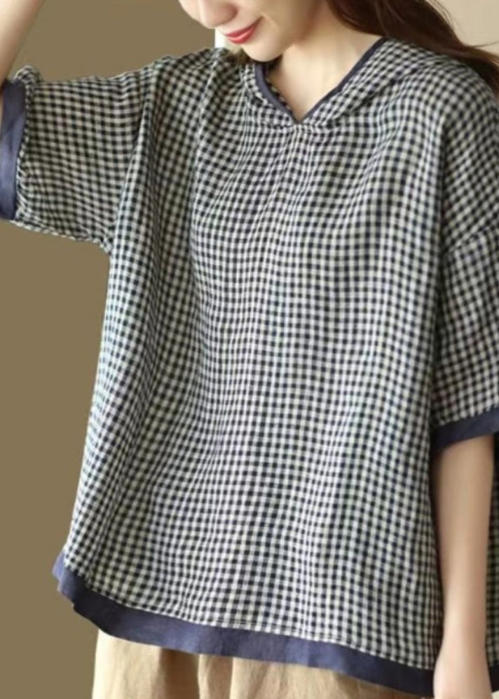 Art Dark Blue O-neck Plaid Hooded T Shirt Summer