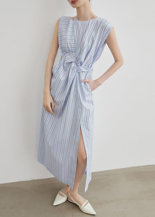 Striped Hollow Out Side Open Cotton Long Dress Sleeveless