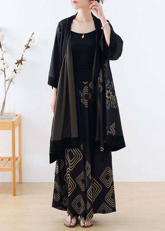 Natural Black Geometric Tie Waist Top Wide Leg Two Piece Suit Set