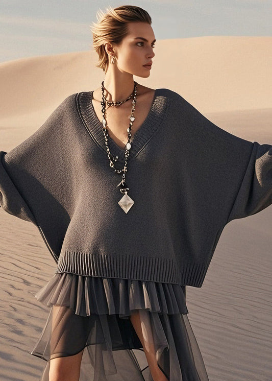 Grey V Neck Tulle Wrinkled Patchwork Knit Sweater Dress Spring