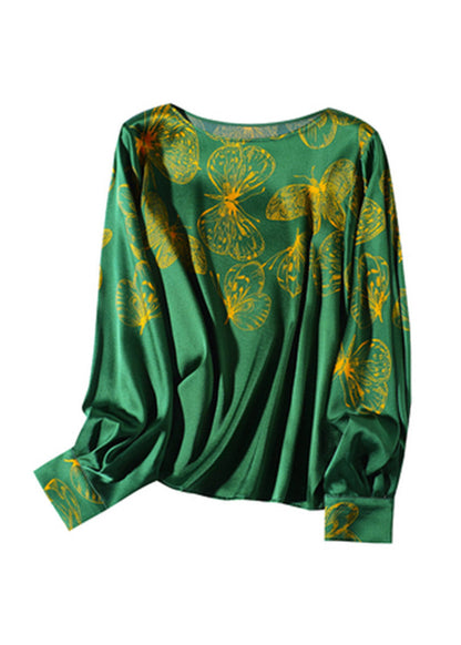 Green O-neck Butterfly Print Silk Tops Long Sleeve