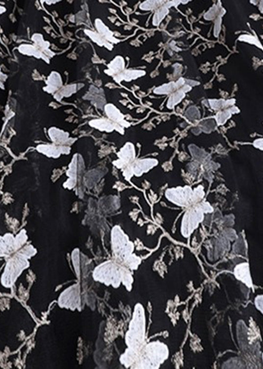 Black Butterfly Embroideried Elastic Waist Tulle Maxi Skirts Summer