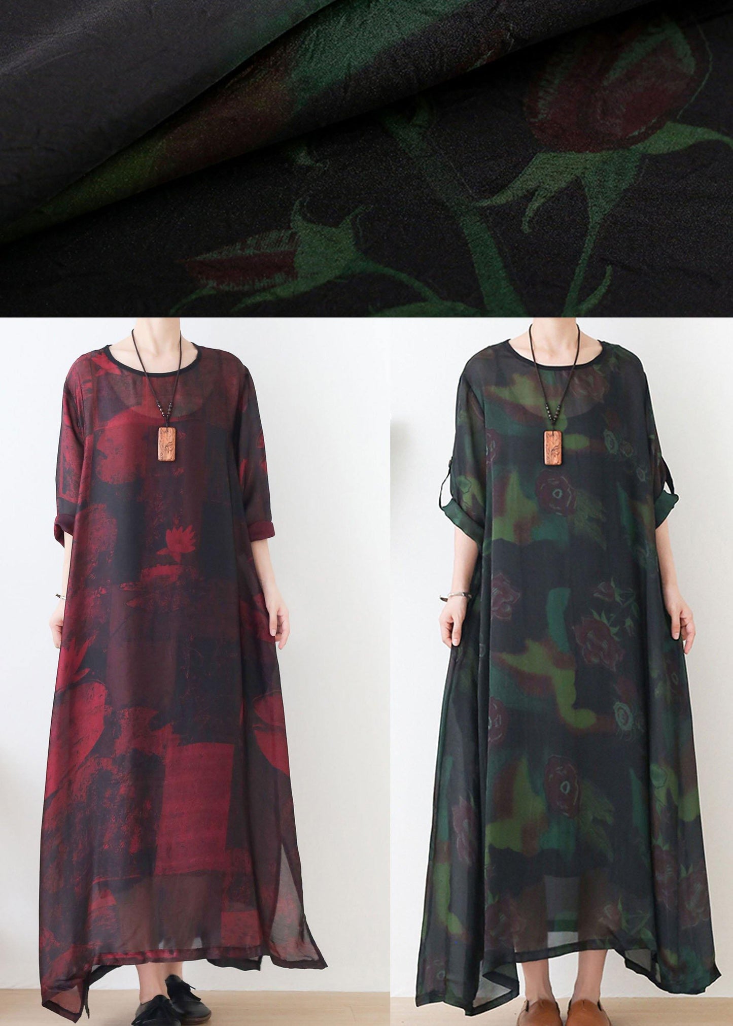 Green Print Chiffon Pockets Summer Dresses