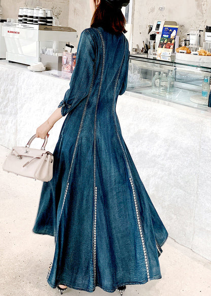 Chinese Style Blue Stand Collar Embroideried Patchwork Denim Dress Fall