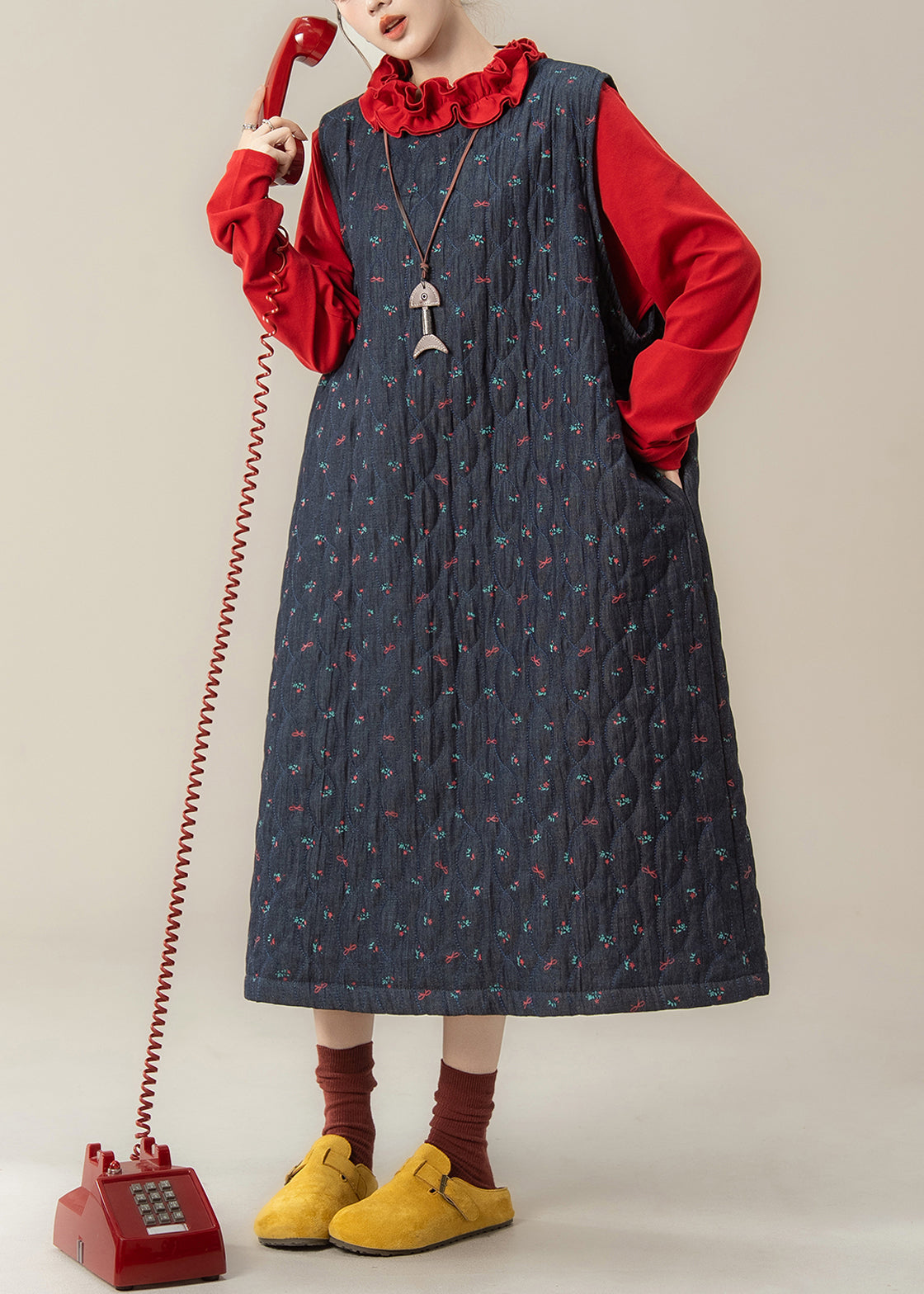 Loose Navy Print Dress and Red Ruffled T Shirt Cotton Filled Two Pieces Set Winter