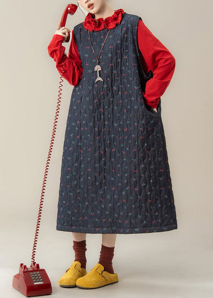 Loose Navy Print Dress and Red Ruffled T Shirt Cotton Filled Two Pieces Set Winter