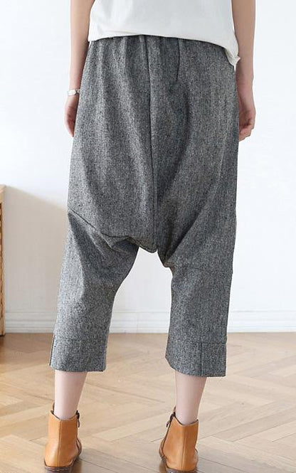 Grey Asymmetrical Design Pockets Cotton Crop Pants