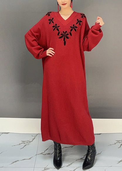 Red V Neck Embroidered Knit Sweater Dress Fall