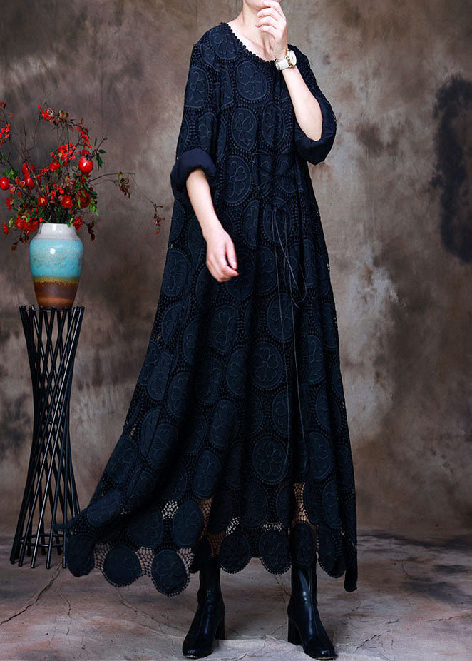 Comfy Navy O-necktie Waist Lace Fall Long Sleeve Holiday Dress
