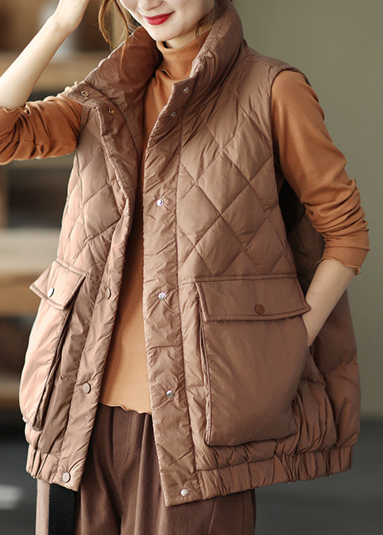 Coffee Stand Collar Pockets Patchwork Duck Down Waistcoat Sleeveless