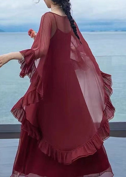 Loose Mulberry O-neck Ruffled Patchwork Chiffon Cape Long Sleeve