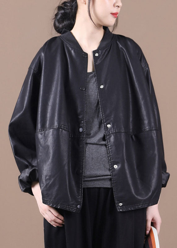 Black Pu Loose Button Fall Coats Long Sleeve